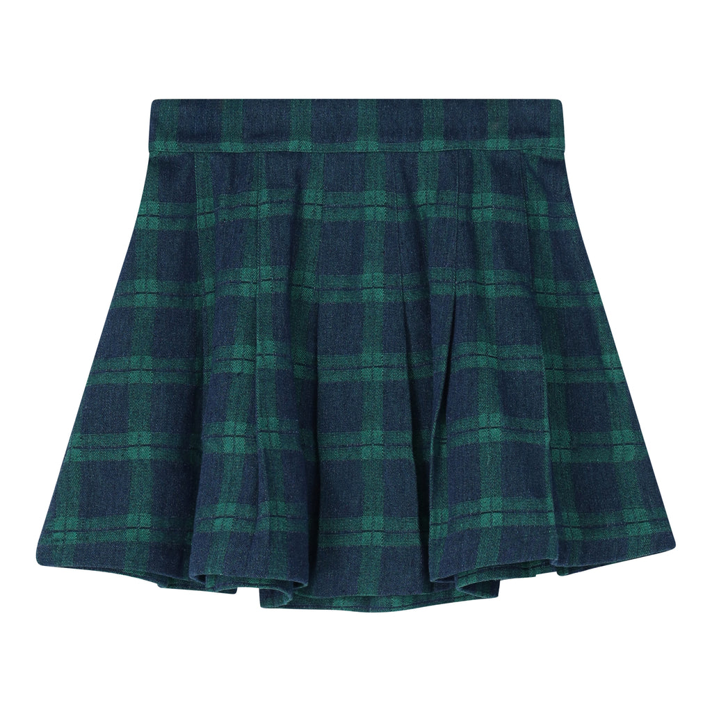 DENIM PLAID PLEATED SKIRT